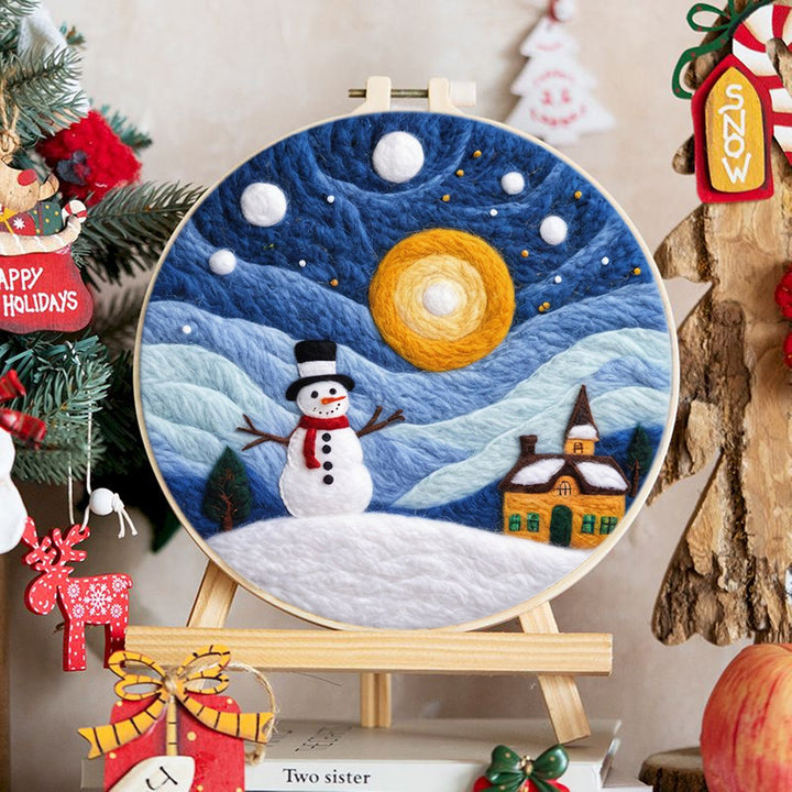 Snowman & House in Mountains Wool Needle Felting Painting Kit
