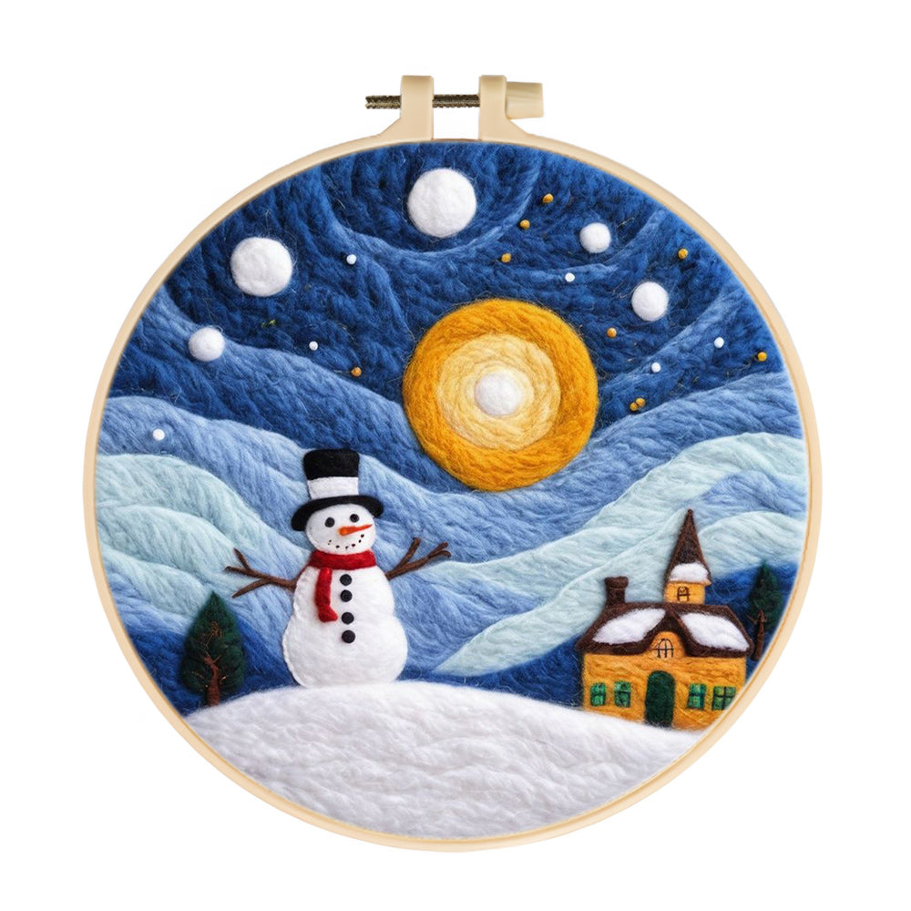 Snowman & House in Mountains Wool Needle Felting Painting Kit