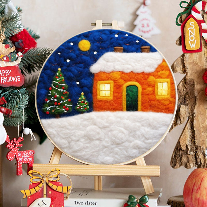 Orange House in Snow Night Wool Needle Felting Painting Kit