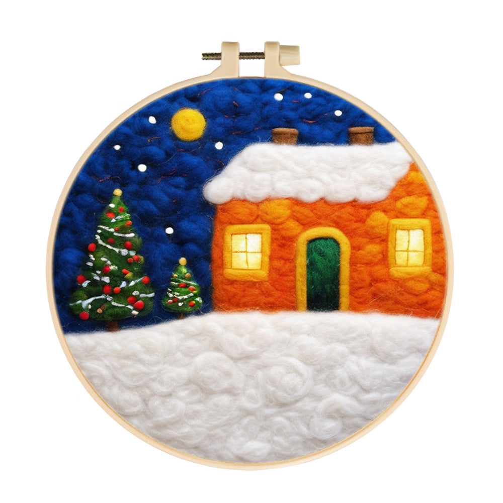 Orange House in Snow Night Wool Needle Felting Painting Kit