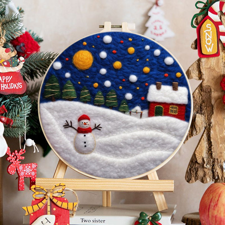 Cottage & Snowman in Snow Wool Needle Felting Painting Kit