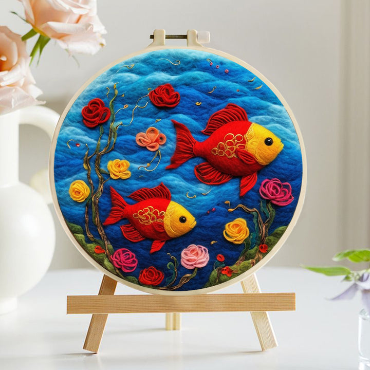 Golden Red Fish and Flowers Wool Needle Felting Painting Kit