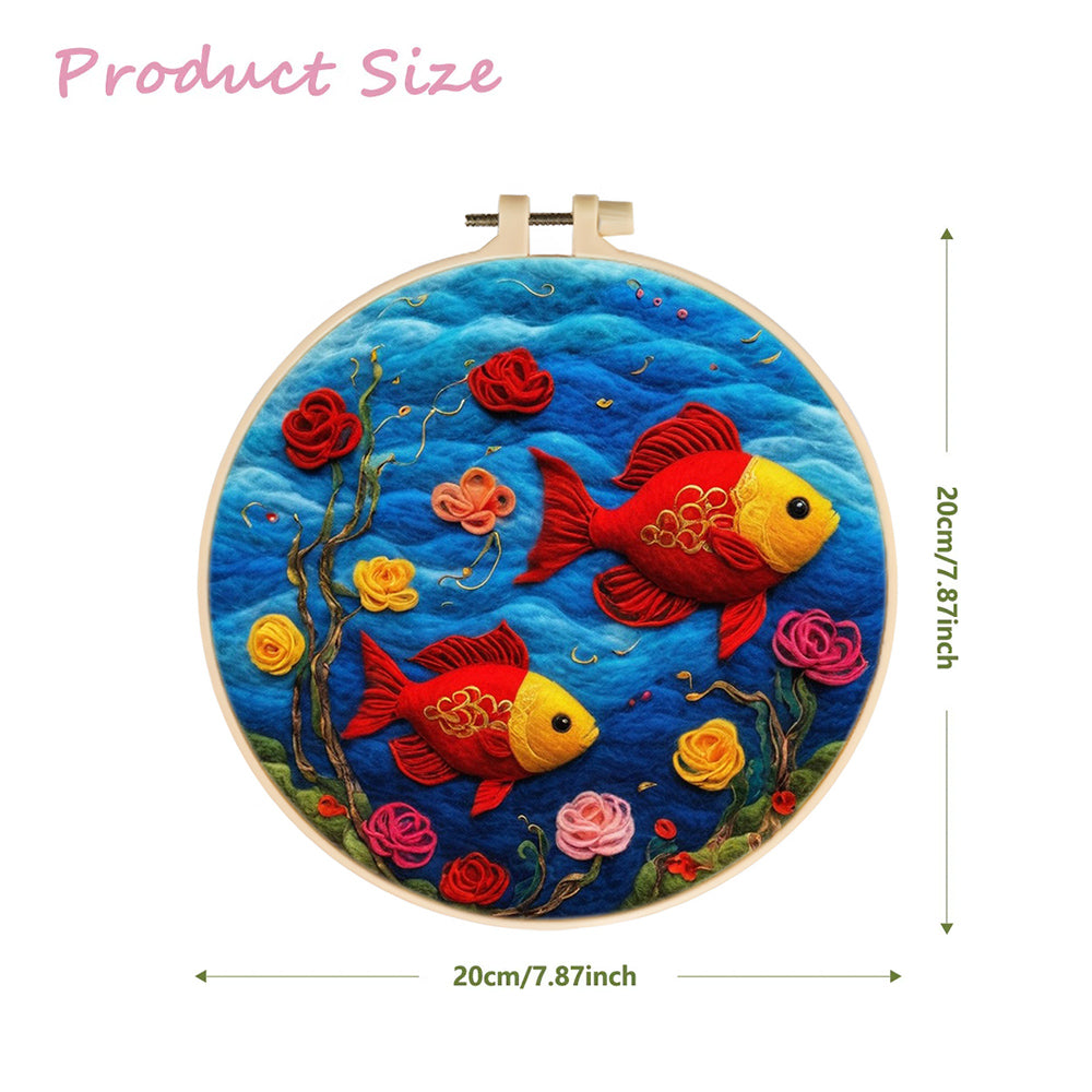 Golden Red Fish and Flowers Wool Needle Felting Painting Kit