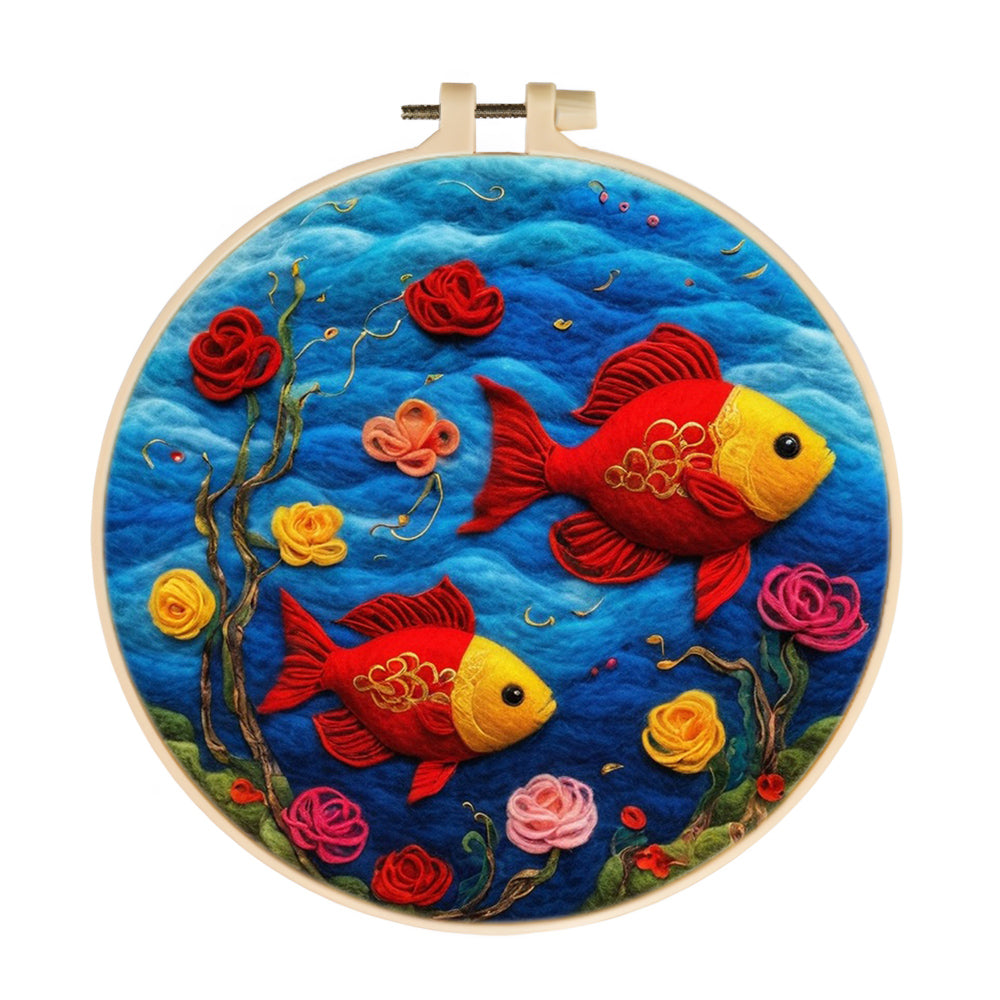 Golden Red Fish and Flowers Wool Needle Felting Painting Kit