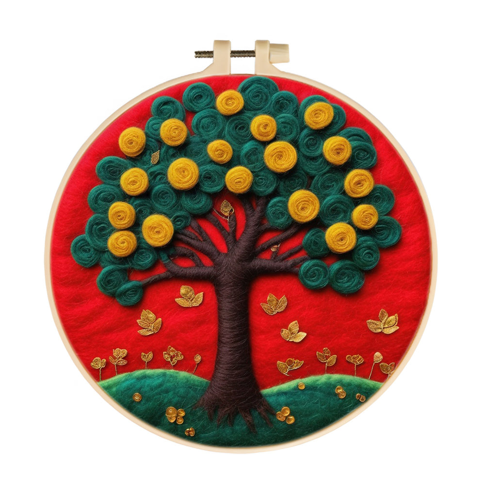 A Green and Golden Flowering Tree Wool Needle Felting Painting Kit