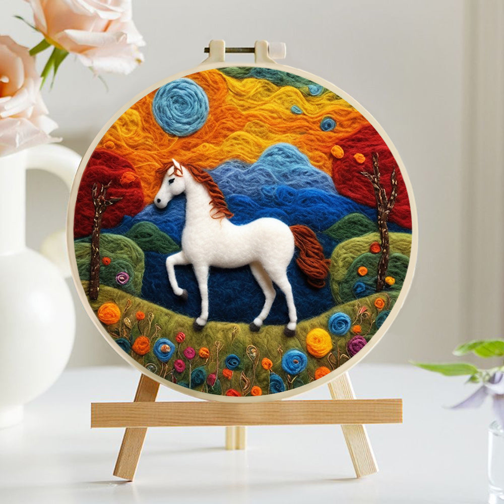White Horse under Colorful Sky Wool Needle Felting Painting Kit