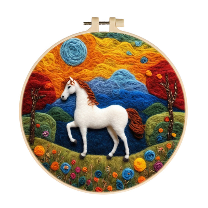 White Horse under Colorful Sky Wool Needle Felting Painting Kit