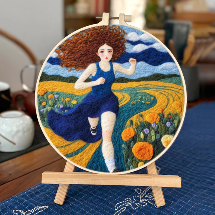 A Woman Running Through the Flowers Wool Needle Felting Painting Kit