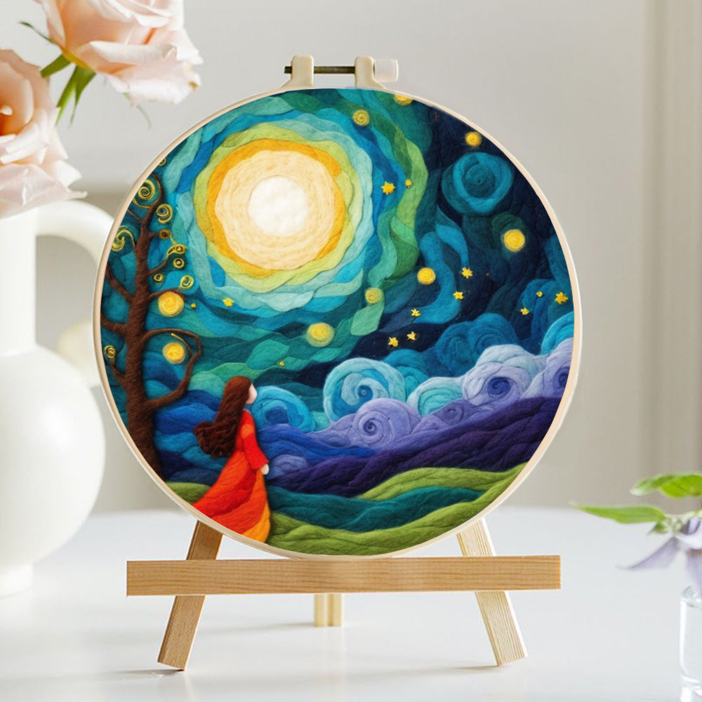 Little Girl under the Moon and Stars Wool Needle Felting Painting Kit