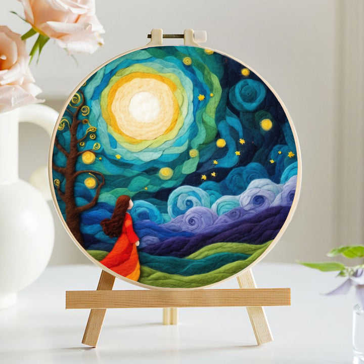 Little Girl under the Moon and Stars Wool Needle Felting Painting Kit