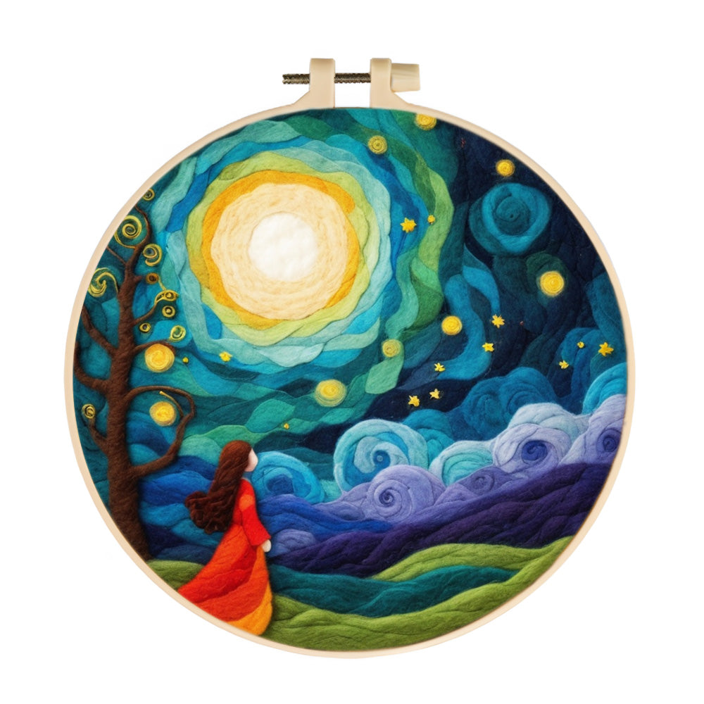 Little Girl under the Moon and Stars Wool Needle Felting Painting Kit