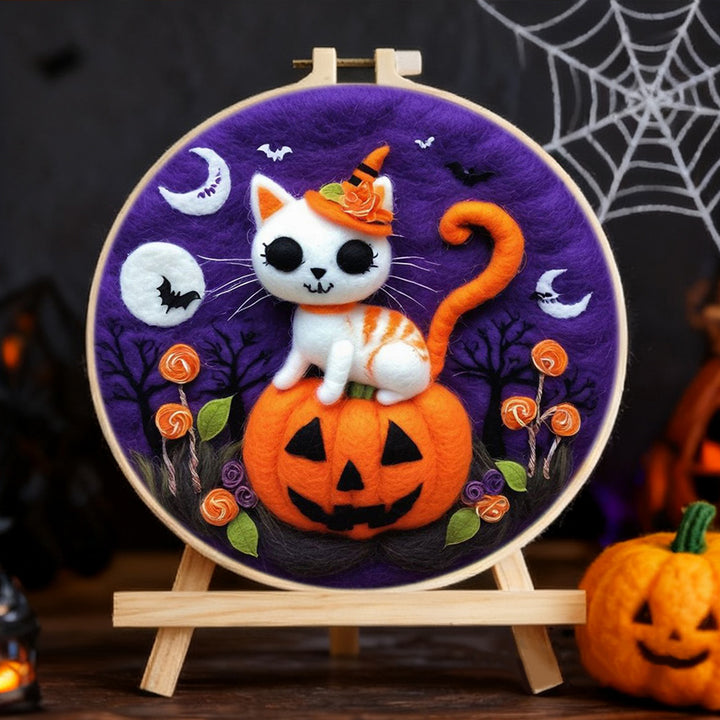 Halloween Witch Cat on the Pumpkin Wool Needle Felting Painting Kit