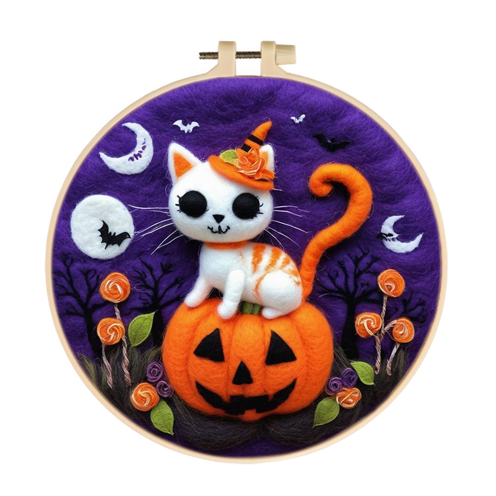 Halloween Witch Cat on the Pumpkin Wool Needle Felting Painting Kit