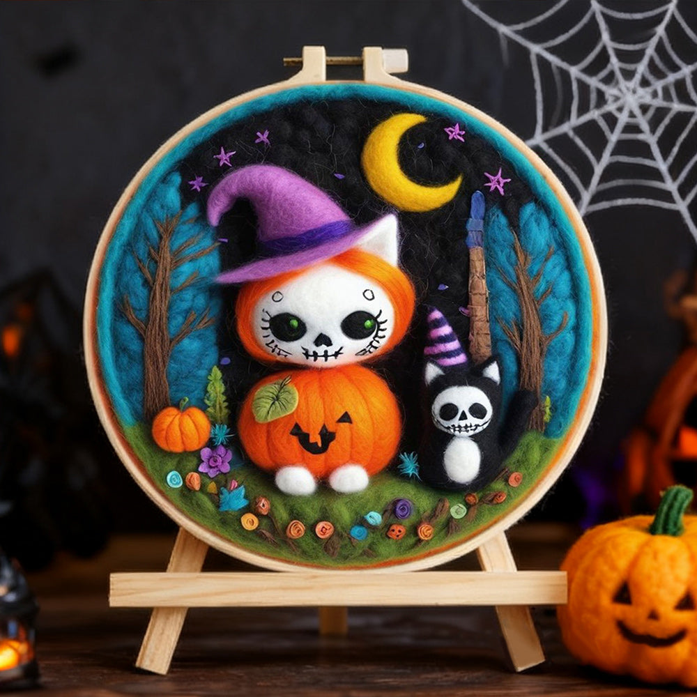 Halloween Pumpkin Cat And Little Skull Cat Wool Needle Felting Painting Kit