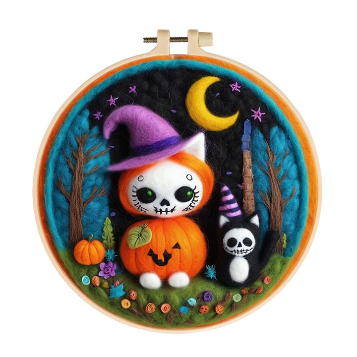 Halloween Pumpkin Cat And Little Skull Cat Wool Needle Felting Painting Kit