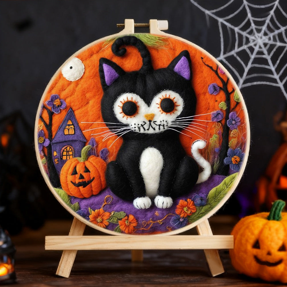 Halloween Town Skull Black Cat Wool Needle Felting Painting Kit