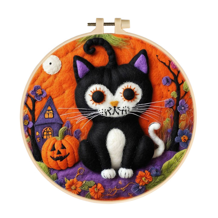 Halloween Town Skull Black Cat Wool Needle Felting Painting Kit