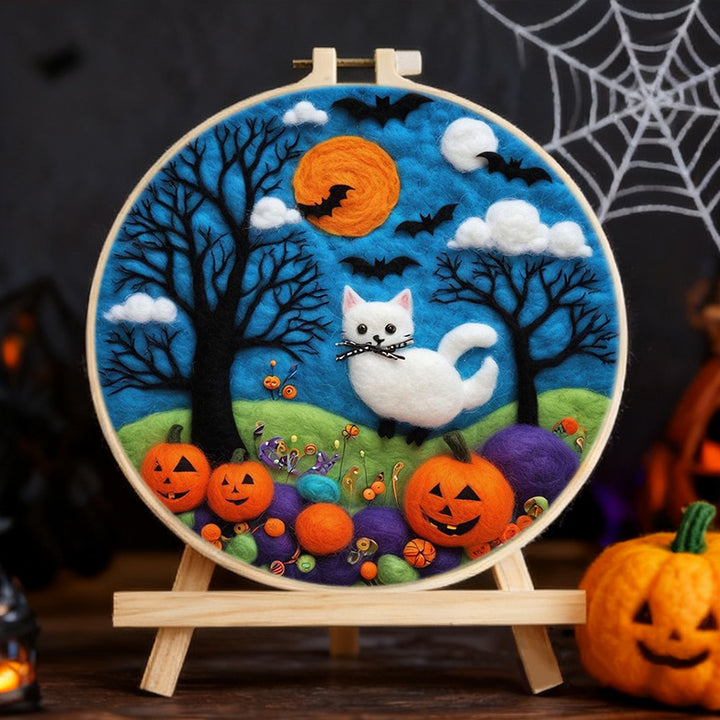 Halloween White Cat in the Pumpkin Patch Wool Needle Felting Painting Kit