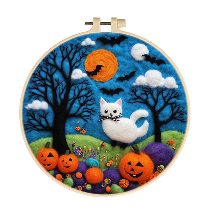 Halloween White Cat in the Pumpkin Patch Wool Needle Felting Painting Kit