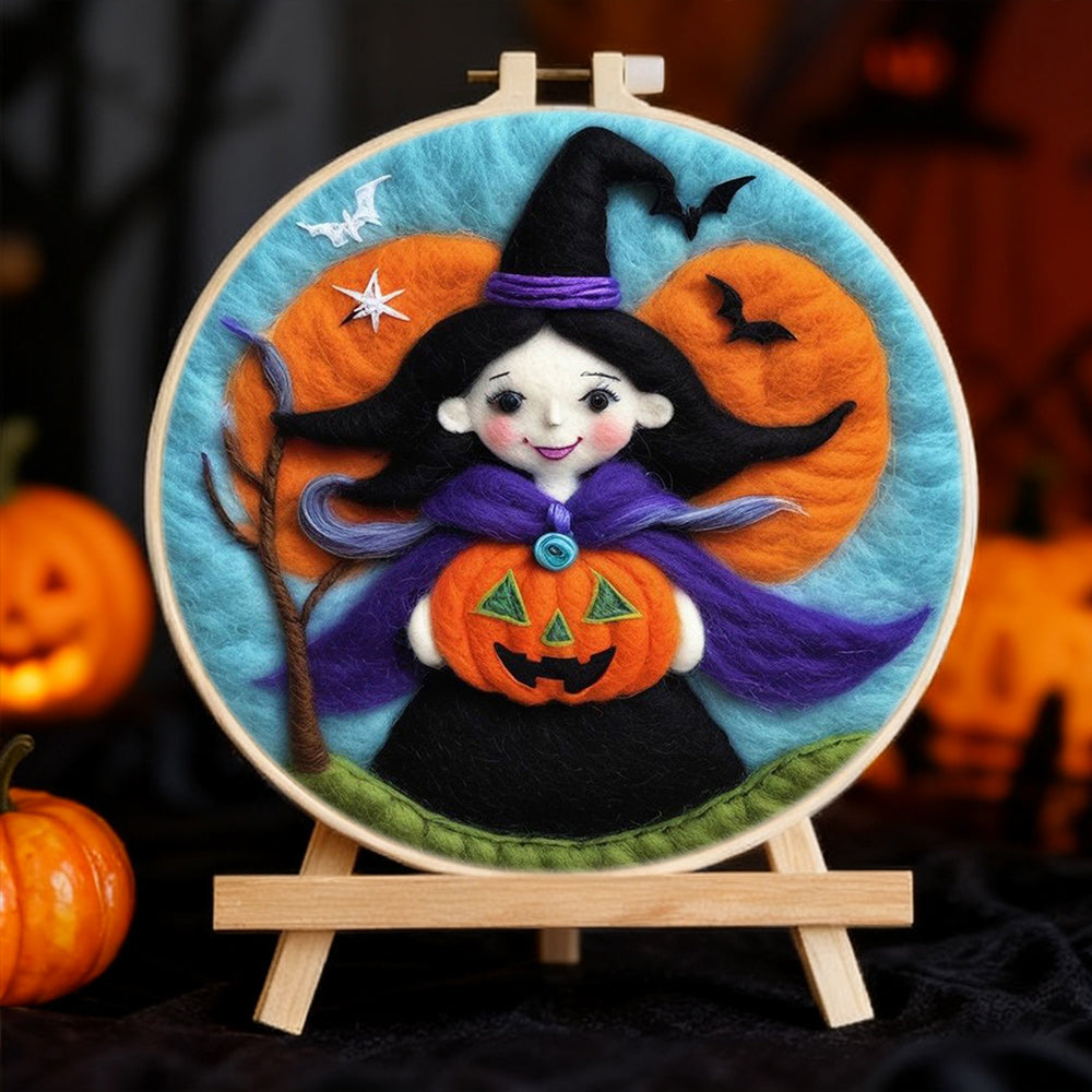 Halloween Witch Holding A Pumpkin Wool Needle Felting Painting Kit
