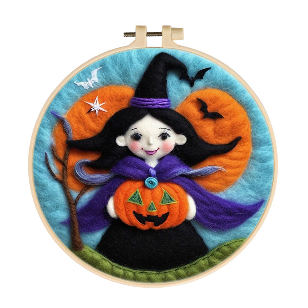 Halloween Witch Holding A Pumpkin Wool Needle Felting Painting Kit