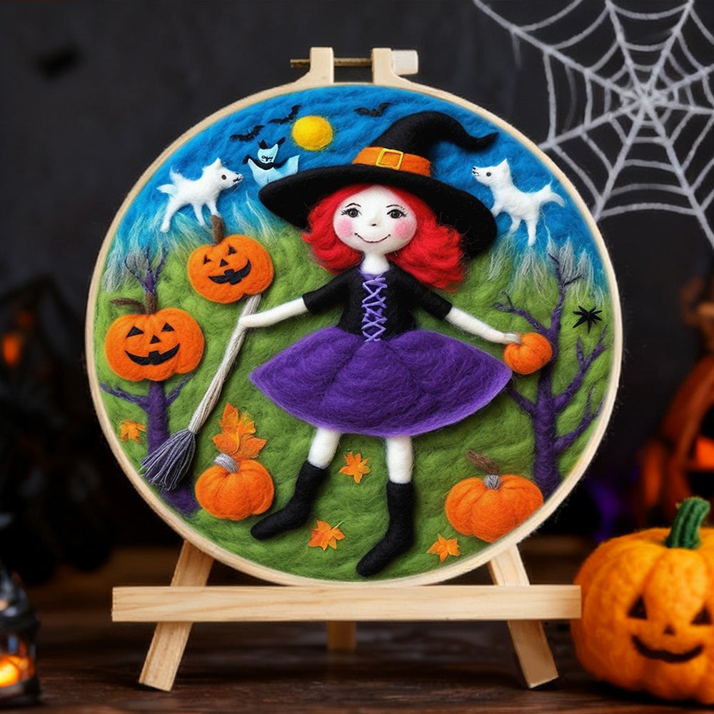 Halloween Witch Picking Pumpkins Wool Needle Felting Painting Kit