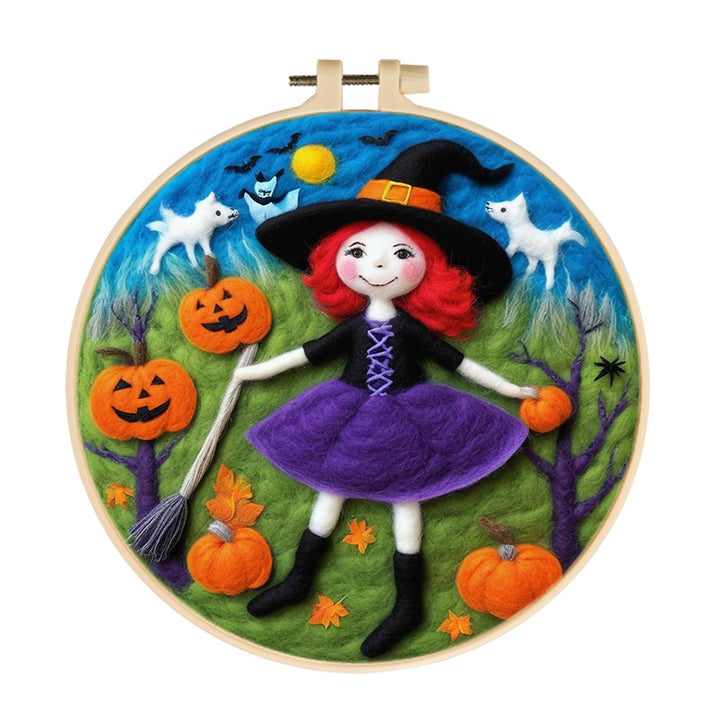 Halloween Witch Picking Pumpkins Wool Needle Felting Painting Kit