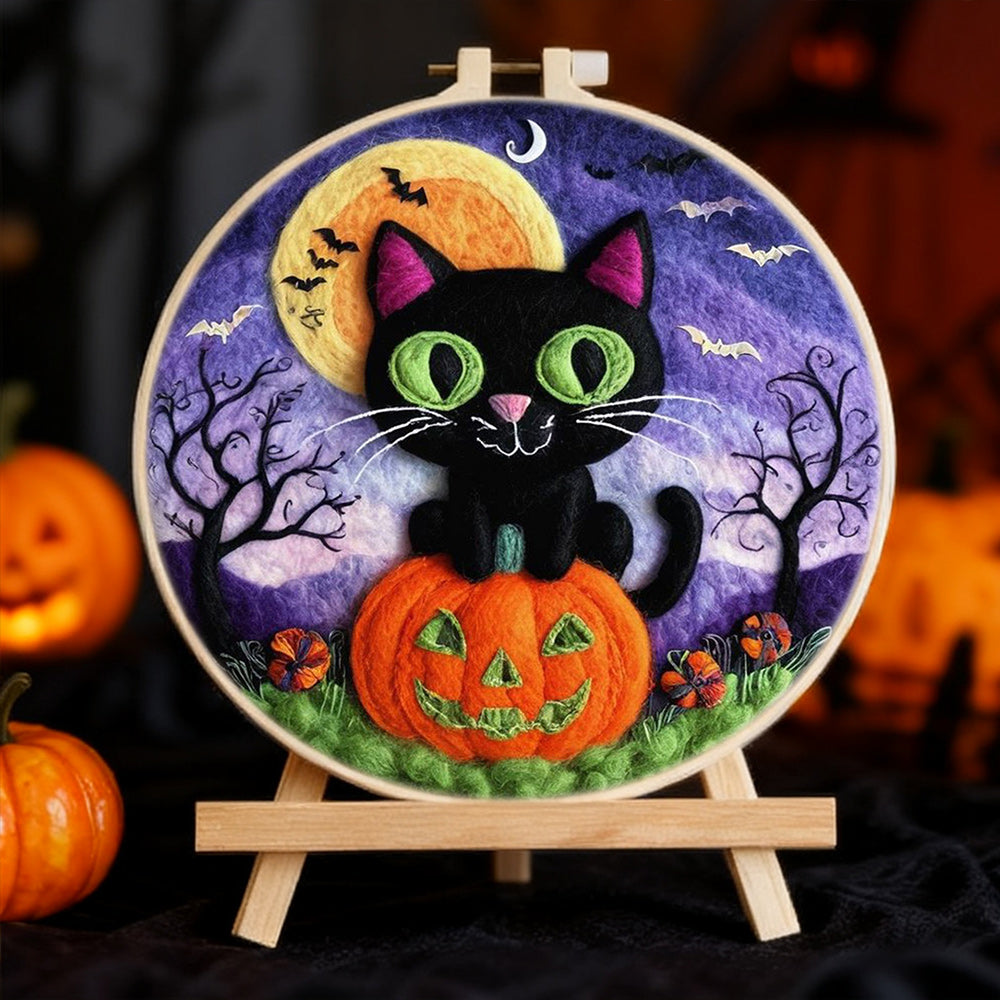 Halloween pumpkin and Black Cat Wool Needle Felting Painting Kit