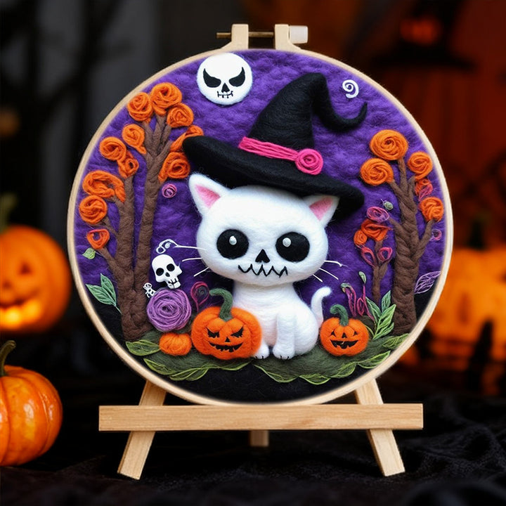 Halloween Cute White Cat Wool Needle Felting Painting Kit
