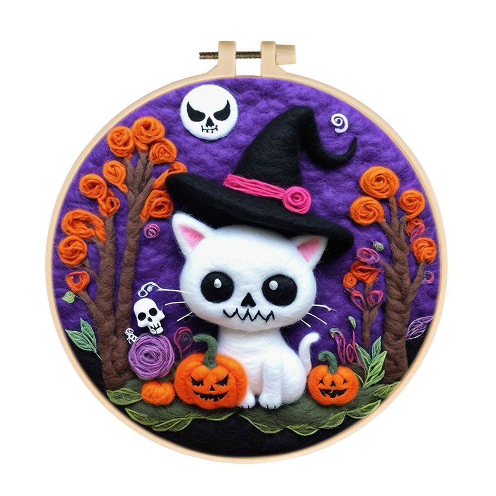 Halloween Cute White Cat Wool Needle Felting Painting Kit