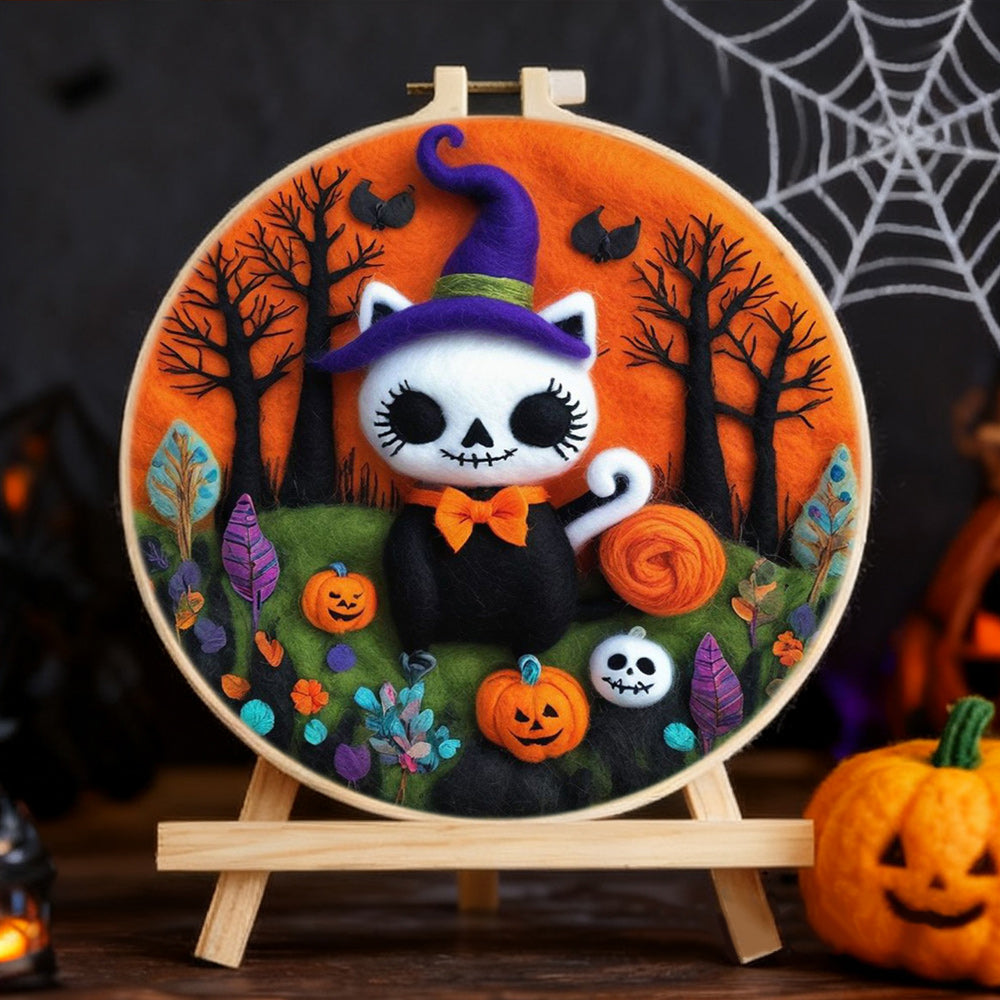 Halloween Pumpkin Patch Skeleton Cat Wool Needle Felting Painting Kit