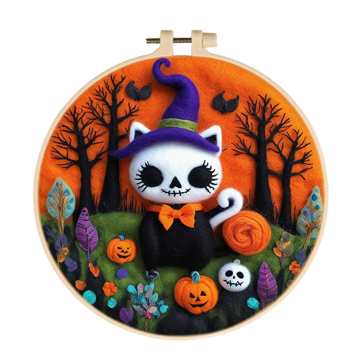 Halloween Pumpkin Patch Skeleton Cat Wool Needle Felting Painting Kit