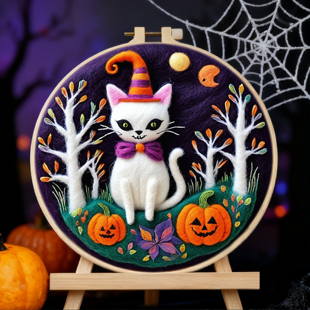 Halloween Elegant Little White Cat Wool Needle Felting Painting Kit