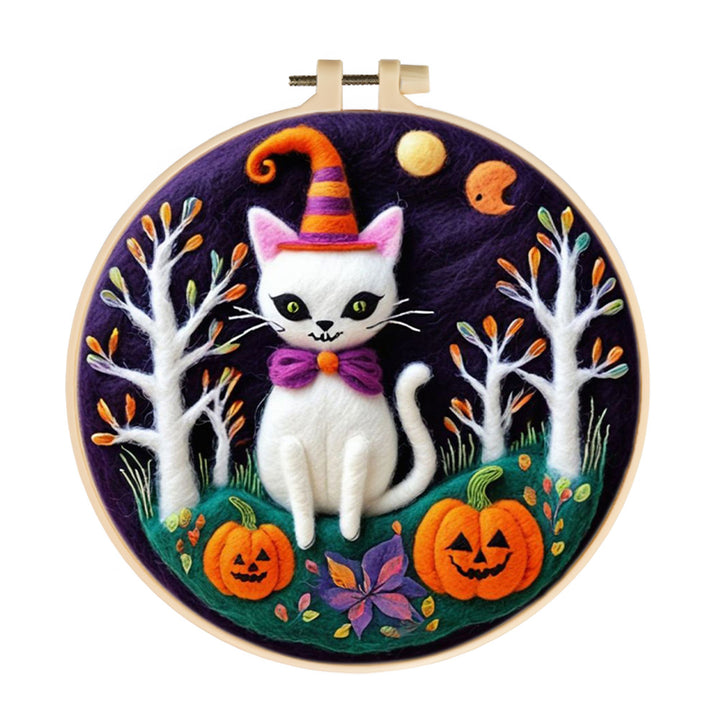 Halloween Elegant Little White Cat Wool Needle Felting Painting Kit