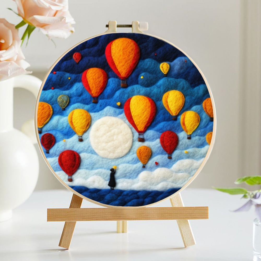 Colorful Hot Air Balloons in the Blue Sky Wool Needle Felting Painting Kit