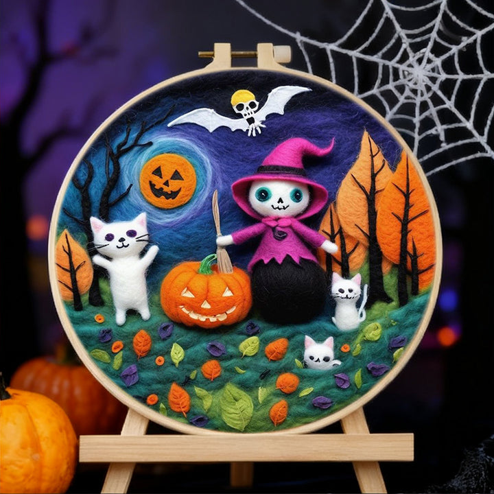 Halloween White Cat Elf Family Wool Needle Felting Painting Kit