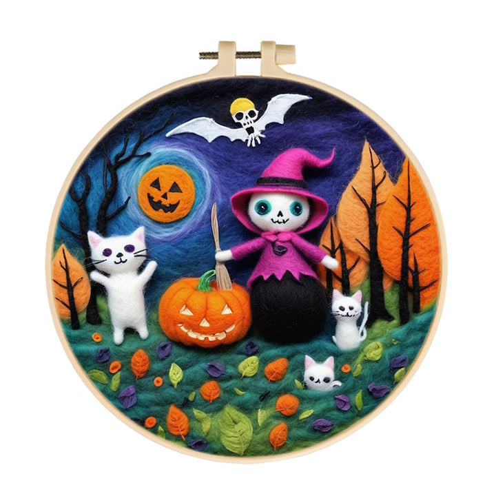 Halloween White Cat Elf Family Wool Needle Felting Painting Kit