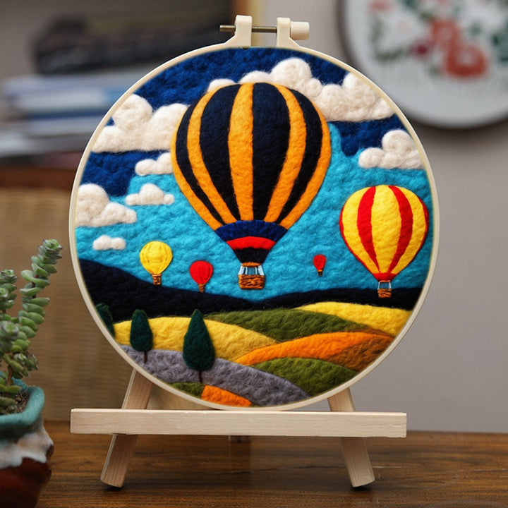 Hot Air Balloons Fly over Hillsides Wool Needle Felting Painting Kit