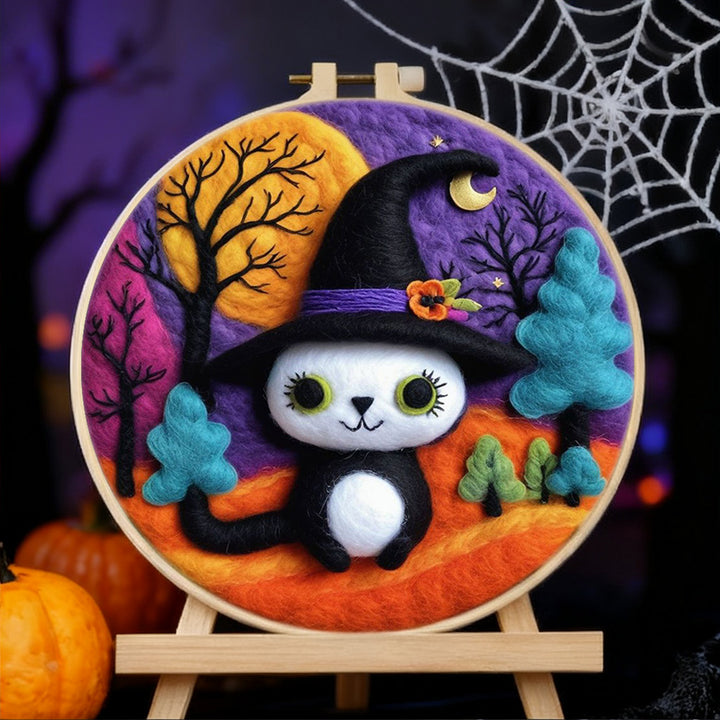 Halloween Black and White Magic Cat Wool Needle Felting Painting Kit