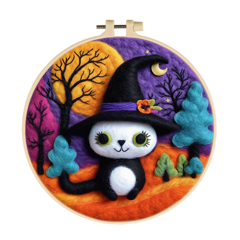 Halloween Black and White Magic Cat Wool Needle Felting Painting Kit