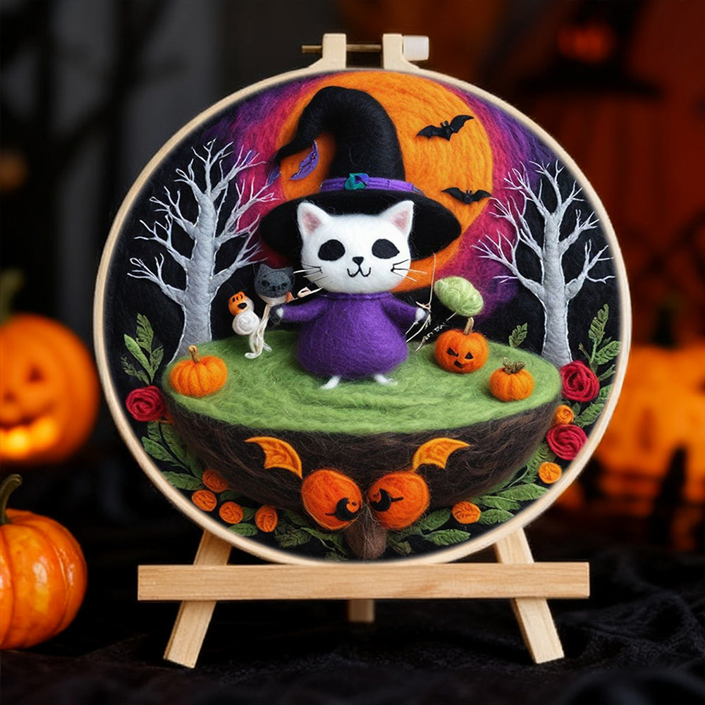 Halloween White Cat Witch Wool Needle Felting Painting Kit