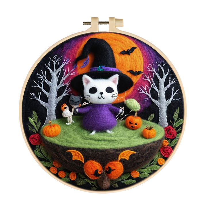 Halloween White Cat Witch Wool Needle Felting Painting Kit