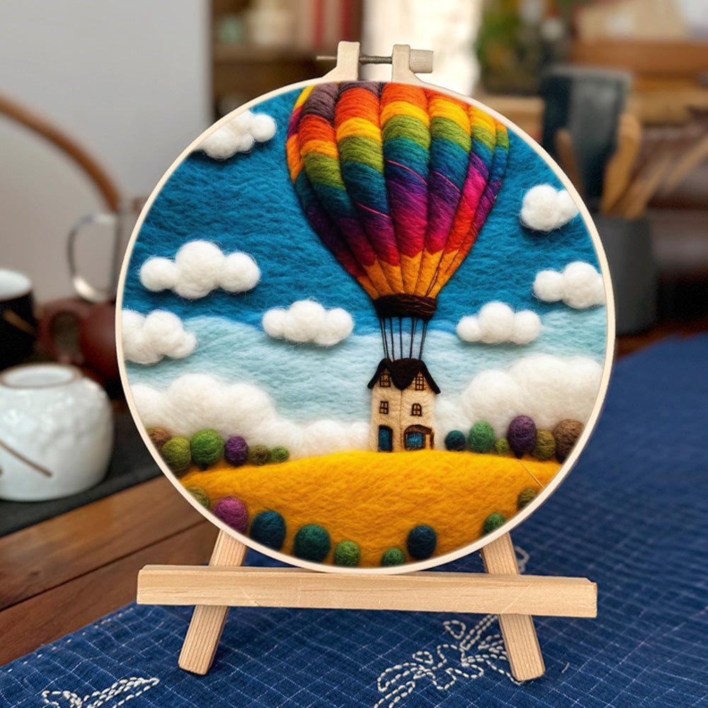 House with a Huge Colorful Hot Air Balloon Wool Needle Felting Painting Kit