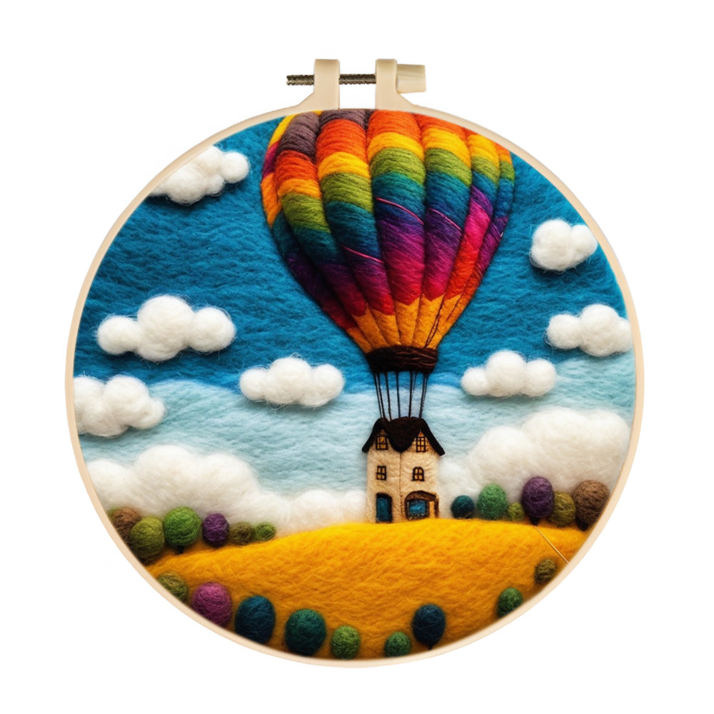 House with a Huge Colorful Hot Air Balloon Wool Needle Felting Painting Kit