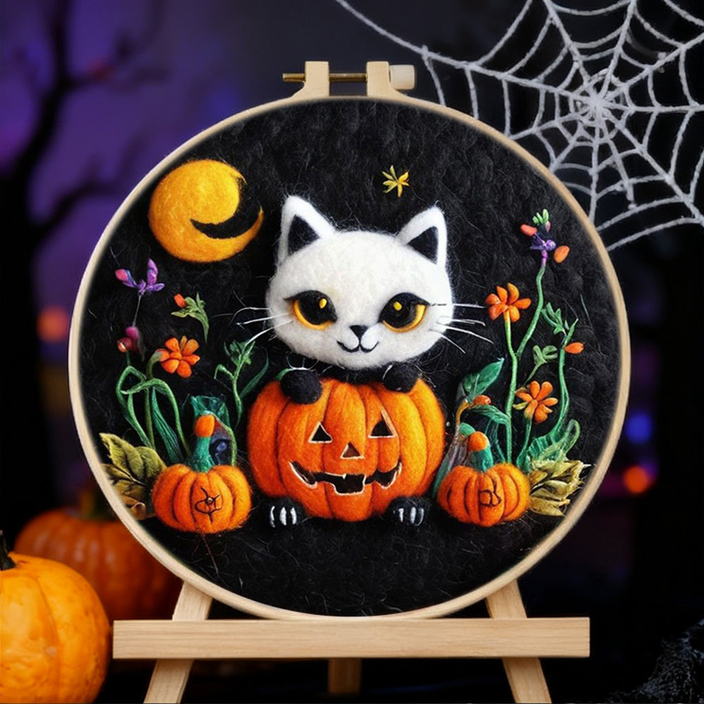 Halloween Kitten holding Pumpkin Wool Needle Felting Painting Kit
