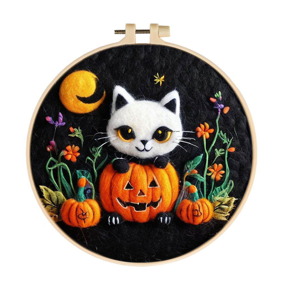 Halloween Kitten holding Pumpkin Wool Needle Felting Painting Kit