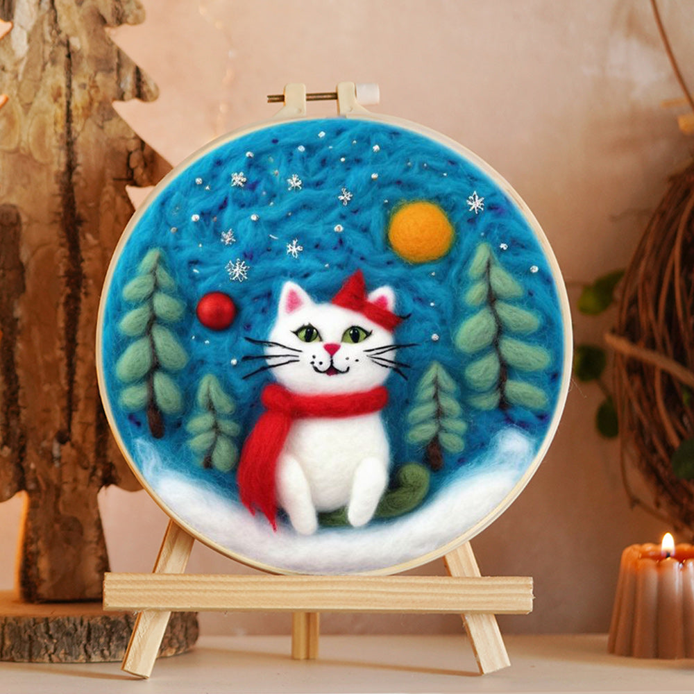 White Cat with Red Scarf Wool Needle Felting Painting Kit