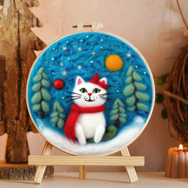White Cat with Red Scarf Wool Needle Felting Painting Kit