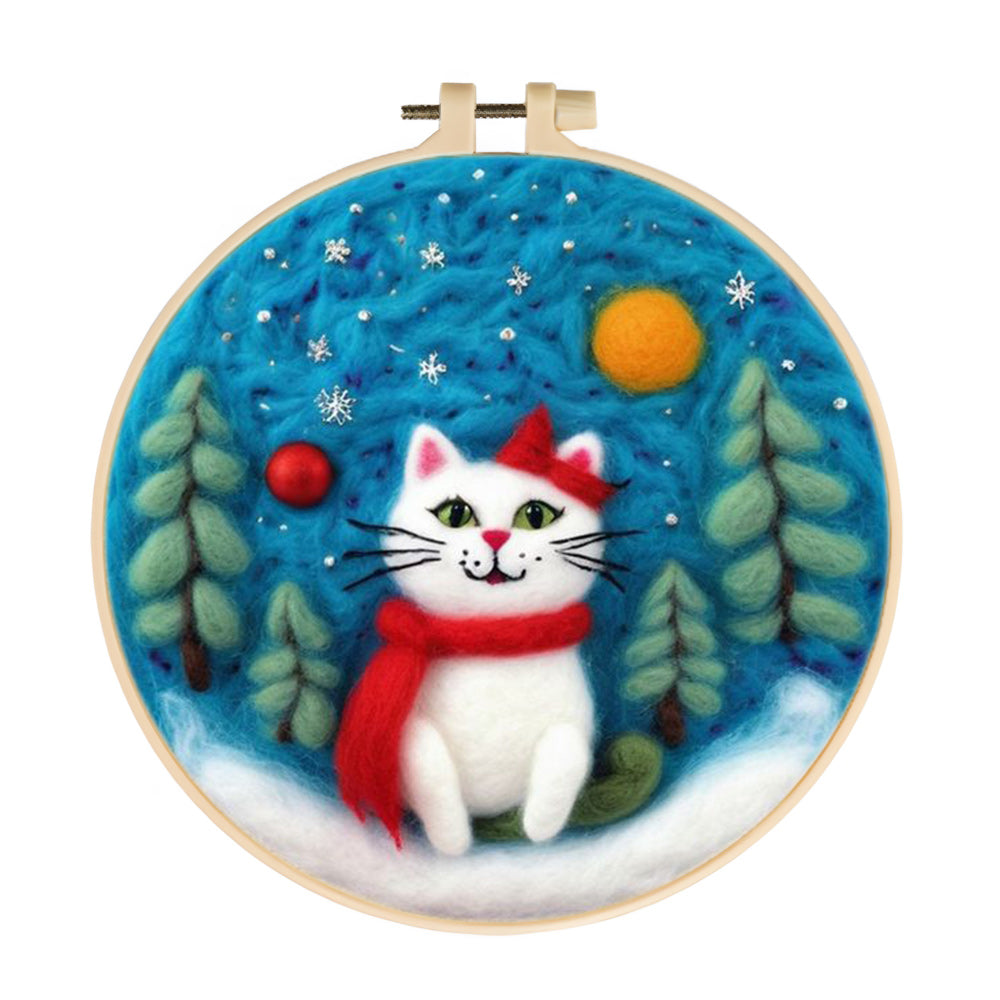 White Cat with Red Scarf Wool Needle Felting Painting Kit
