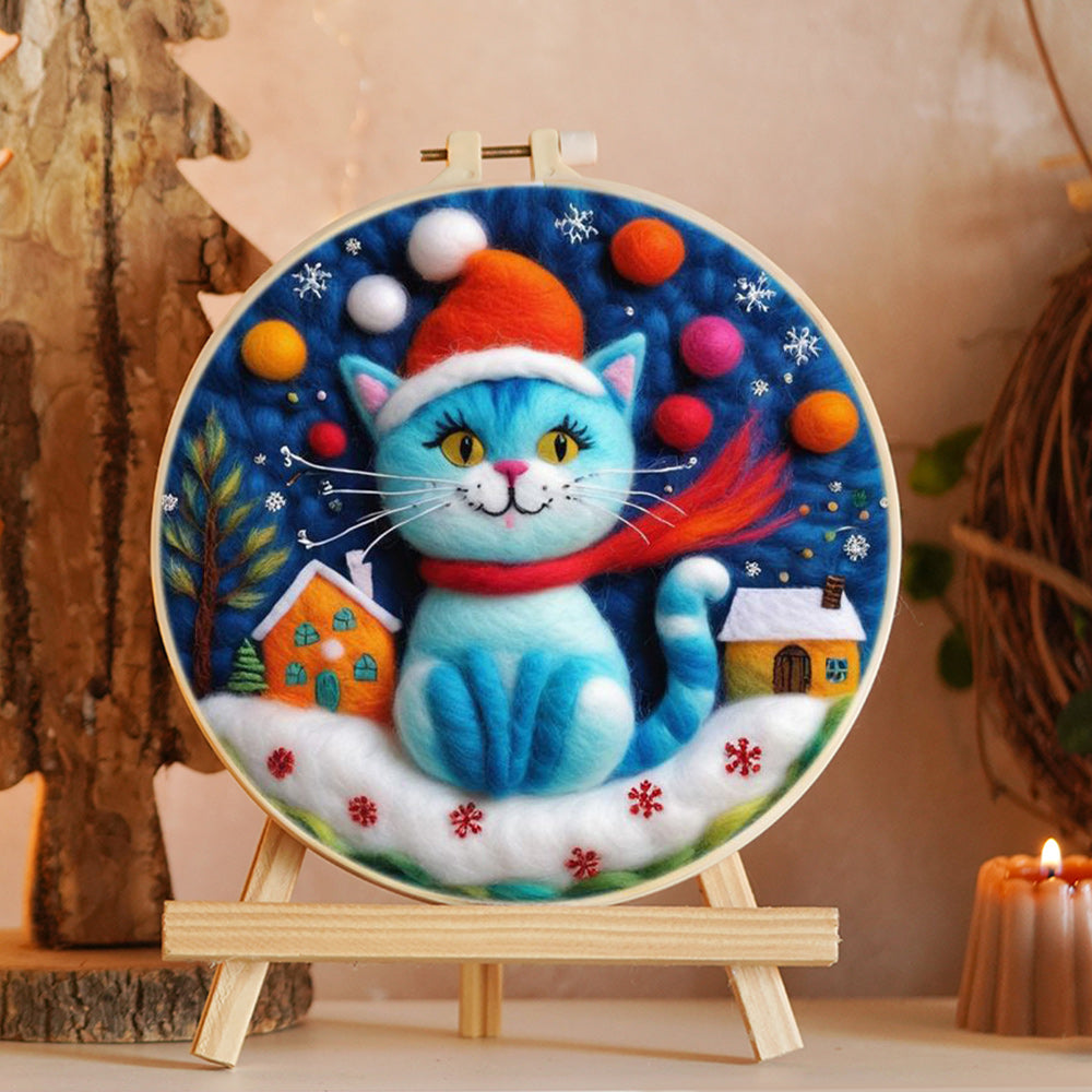 Blue Cat & Snow Houses Wool Needle Felting Painting Kit